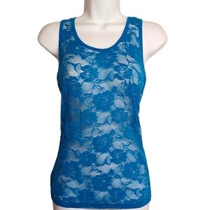 COLOR STORY Blue Floral Lace Sleeveless Racerback Tank Top Medium
